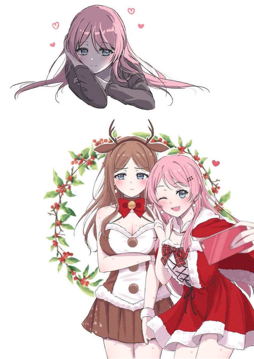 2girls ;d animal_ears antlers averting_eyes bang_dream! bang_dream!_it's_mygo!!!!! bell bite_mark blue_eyes blush bow breasts brown_dress brown_hair brown_shirt capelet chihaya_anon christmas christmas_wreath cleavage closed_mouth collarbone dress earrings fake_animal_ears hair_ornament hairband hairclip heart hickey highres holly jewelry jingle_bell large_breasts long_hair long_sleeves multiple_girls multiple_views nagasaki_soyo neck_bell one_eye_closed open_mouth pink_hair plaid plaid_bow ppora red_bow red_capelet red_dress reindeer_antlers selfie shirt simple_background smile taking_picture white_background wreath yuri