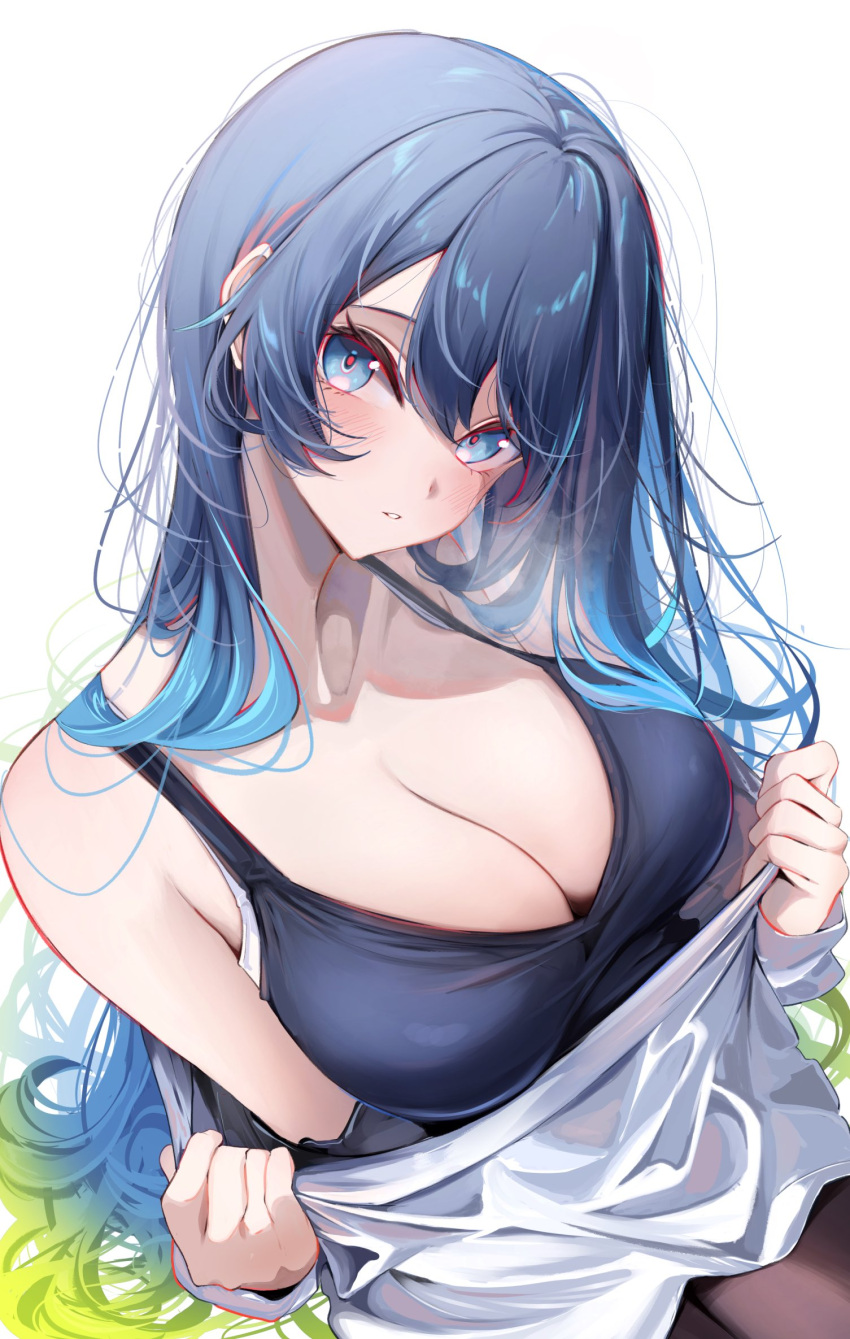 1girl black_camisole blue_eyes blue_hair blush bra bra_peek breasts camisole cleavage clothes_lift commentary gradient_hair green_hair head_tilt highres komupi large_breasts lifted_by_self long_hair long_sleeves multicolored_hair natsumi_(komupi) original parted_bangs parted_lips shirt shirt_hold shirt_lift simple_background solo underwear upper_body white_background white_shirt