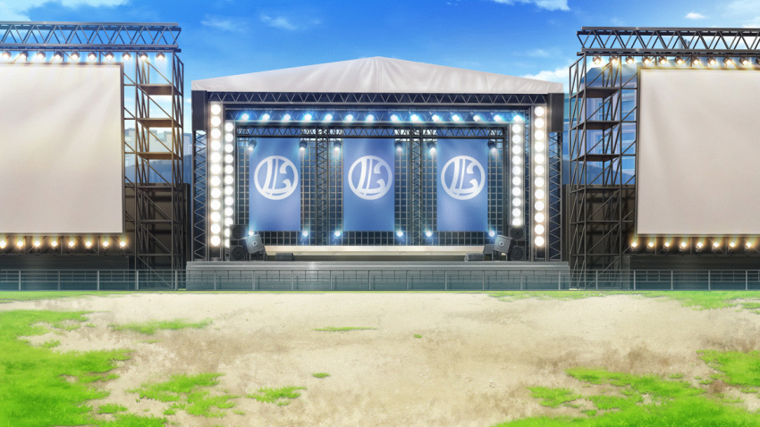 blue_sky building cloud day dirt fence film_grain game_cg grass izumi_tsubasu light_bulb no_humans non-web_source official_art outdoors re:stage! scenery screen sky speaker stage stage_lights
