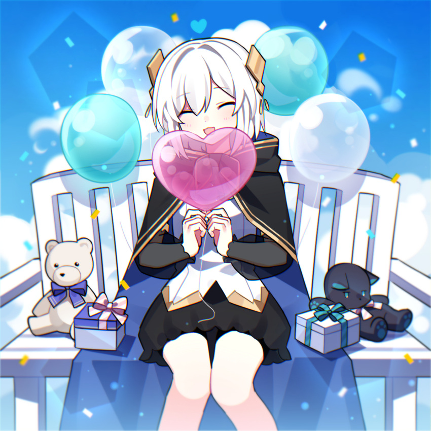 1girl ars_almal balloon bench black_cloak black_skirt blue_cloak blue_sky cloak closed_eyes cloud commentary_request detached_sleeves diamond_hair_ornament feet_out_of_frame gift head_tilt heart_balloon highres holding holding_balloon long_sleeves looking_at_viewer nijisanji on_bench open_mouth shirt skirt sky smile solo stuffed_animal stuffed_cat stuffed_toy teddy_bear two-sided_cloak two-sided_fabric virtual_youtuber waka_(wk4444) white_hair white_shirt