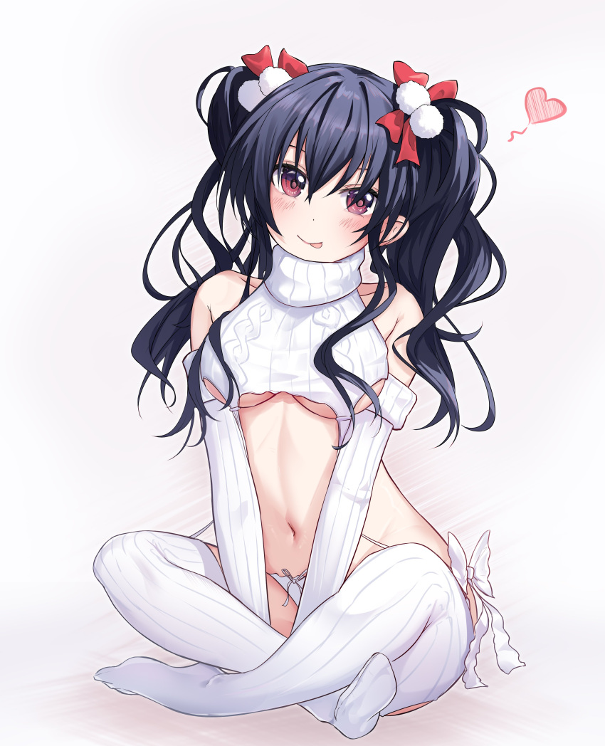 1girl :p absurdres alternate_breast_size arched_back areluna armpit_crease black_hair bow breasts breasts_squeezed_together choujigen_game_neptune collarbone crossed_legs detached_sleeves dot_nose english_commentary eyebrows_hidden_by_hair garter_straps groin hair_between_eyes hair_bow hair_ornament happy head_tilt heart highres light_blush linea_alba long_hair looking_at_viewer medium_breasts meme_attire navel neptune_(series) no_shoes own_hands_together pom_pom_(clothes) pom_pom_hair_ornament red_bow red_eyes shadow sidelocks simple_background sitting smug solo sweater thighhighs tongue tongue_out turtleneck two_side_up underboob uni_(neptunia) virgin_destroyer_sweater white_background white_bow white_sweater white_thighhighs
