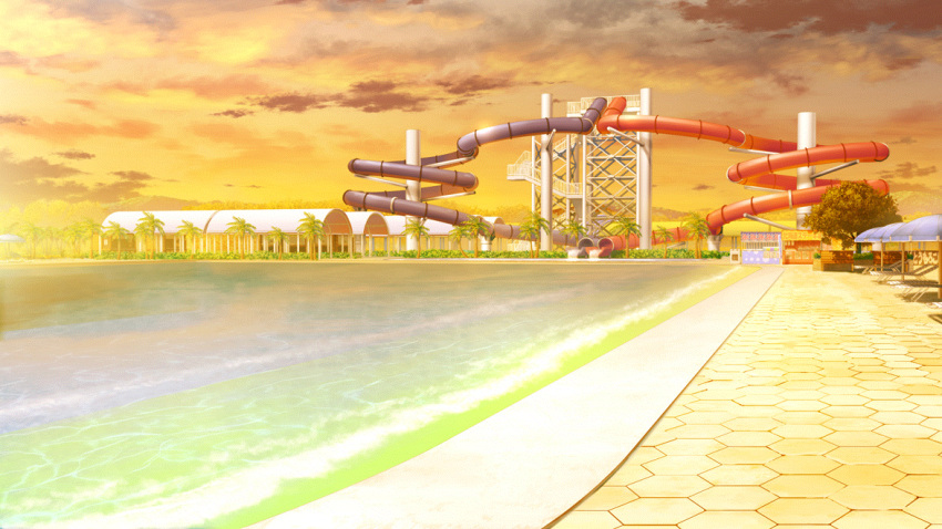 beach_umbrella blue_umbrella building cloud evening film_grain food_stand game_cg hexagon izumi_tsubasu mountainous_horizon no_humans non-web_source official_art orange_sky outdoors palm_tree re:stage! recliner scenery sky tree umbrella water water_slide waterpark wooden_bench