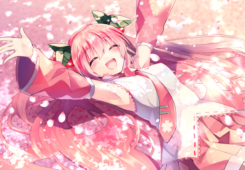 1girl armpits arms_up blush cherry_hair_ornament closed_eyes collared_shirt dappled_sunlight detached_sleeves food-themed_hair_ornament hair_ornament hatsune_miku highres long_hair lying mani_(second-dimension) necktie on_back open_mouth petals pink_hair pleated_skirt sakura_miku shirt skirt sleeveless sleeveless_shirt solo sunlight twintails very_long_hair vocaloid