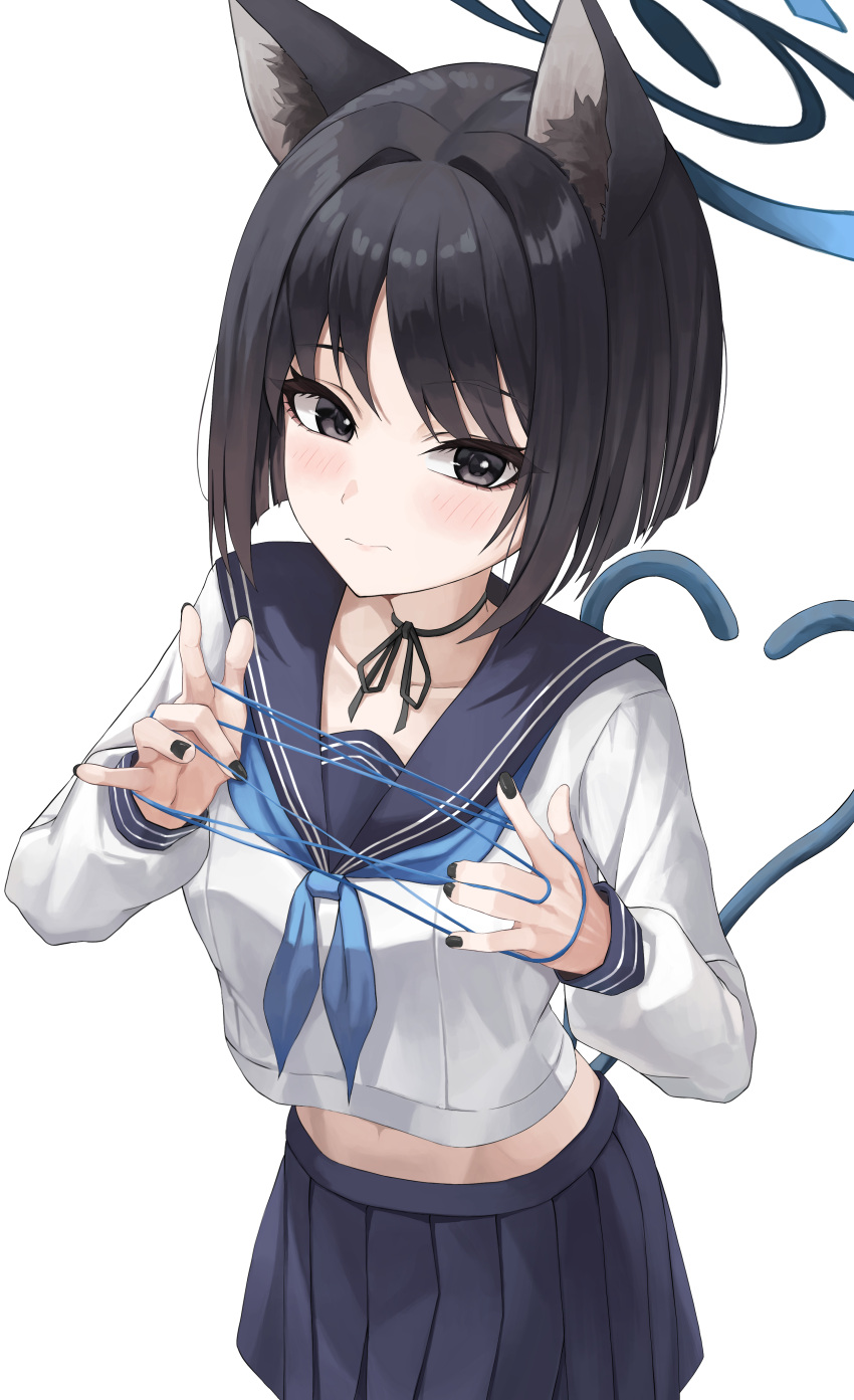1girl absurdres animal_ears black_eyes black_hair black_sailor_collar black_skirt blue_archive blue_halo blue_neckerchief blush cat_ears cat_tail closed_mouth halo highres kikyou_(blue_archive) long_sleeves looking_at_viewer multiple_tails neckerchief perilpoint pleated_skirt sailor_collar school_uniform serafuku short_hair simple_background skirt solo tail two_tails white_background
