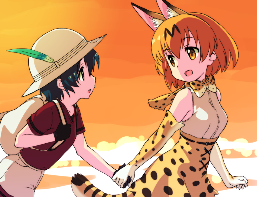 2girls :d :o animal_ear_fluff animal_ears backpack bag bare_shoulders black_eyes black_gloves black_hair bow bowtie clip_studio_paint_(medium) commentary_request elbow_gloves extra_ears eye_contact funitarefu gloves hair_between_eyes hat_feather high-waist_skirt holding_hands holding_strap jacket kaban_(kemono_friends) kemono_friends looking_at_another medium_hair multiple_girls open_clothes open_jacket orange_eyes orange_hair orange_sky outdoors print_bow print_bowtie print_gloves print_skirt red_shirt serval_(kemono_friends) serval_print shirt short_hair short_sleeves shorts skirt sky sleeveless sleeveless_shirt smile sunset t-shirt tail white_headwear white_shirt white_shorts