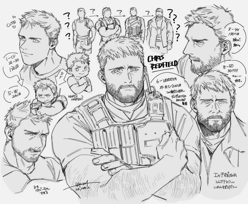 1boy ? ?? absurdres age_progression aiming arm_hair bara bulletproof_vest character_name chris_redfield closed_mouth coat crossed_arms english_text facial_hair greyscale gun highres holding holding_gun holding_weapon large_pectorals male_focus mature_male monochrome moto23059 muscular muscular_male pectorals resident_evil resident_evil_1 resident_evil_5 resident_evil_6 resident_evil_village shirt short_hair smile translation_request weapon