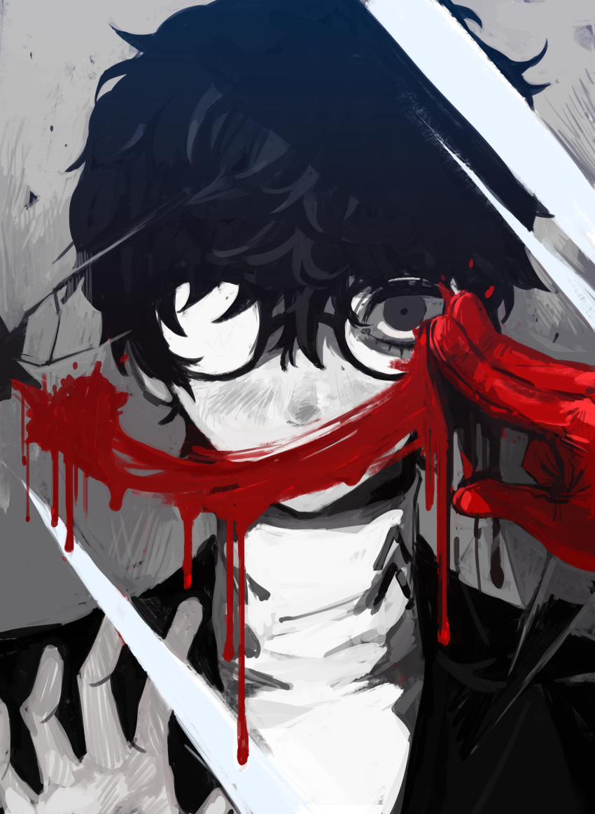 1boy absurdres amamiya_ren black_eyes black_hair blood broken_glass broken_mirror glass glasses gloves hair_between_eyes highres jacket looking_at_viewer male_focus mirror opaque_glasses partially_opaque_glasses persona persona_5 red_gloves school_uniform shuujin_academy_school_uniform smeared_blood solo upper_body wl8tca