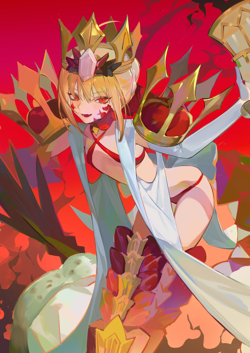 1girl absurdres armored_legwear bikini bingansuan_jiamouren blonde_hair criss-cross_halter crown dragon_tail elbow_gloves facial_mark fate/grand_order fate_(series) flat_chest gloves halterneck highres holy_grail_(fate) looking_at_viewer nero_claudius_(fate) open_mouth queen_draco_(fate) queen_draco_(second_ascension)_(fate) red_background red_bikini red_eyes scales smile solo swimsuit tail white_gemstone white_gloves
