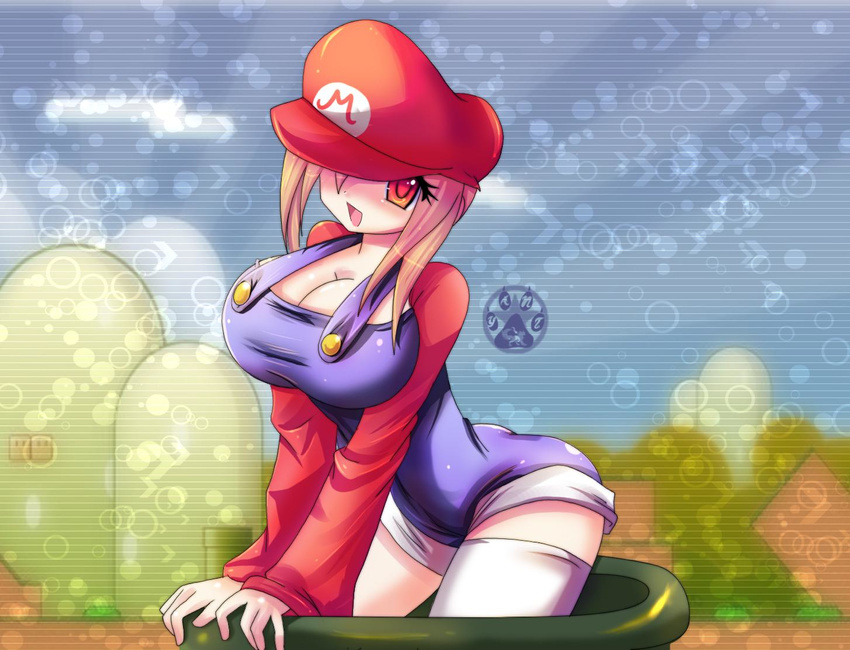 artist_request blonde_hair breasts cleavage cosplay hat large_breasts mario mario_(cosplay) mario_(series) open_mouth overalls red_eyes smile solo super_mario_bros. thighhighs warp_pipe