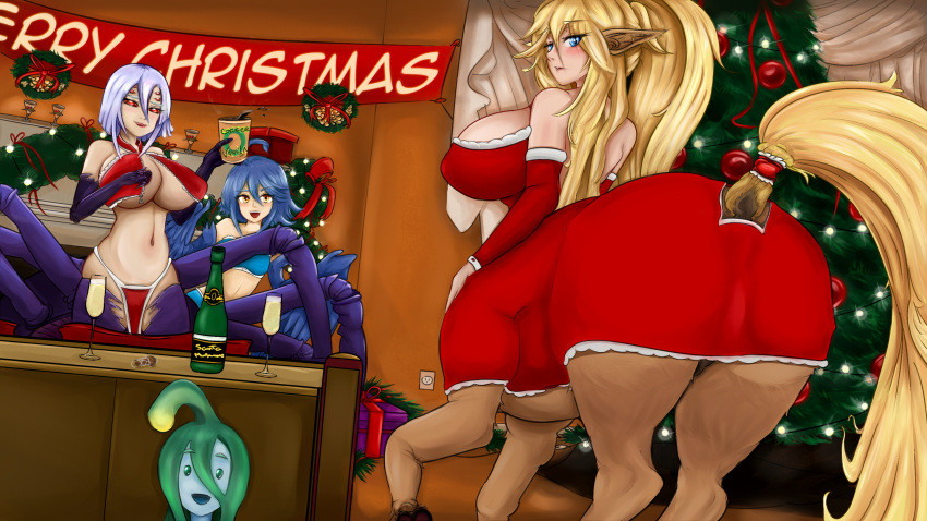 alcohol arachnid arthropod avian beverage bo4a centaur centorea_shianus_(monster_musume) christmas christmas_clothing christmas_tree clothing coffee equid equid_taur european_mythology female gift goo_creature greek_mythology group harpy hi_res holidays humanoid humanoid_taur mammal mammal_taur monster_girl_(genre) monster_musume mythological_avian mythology new_year_2024 papi_(monster_musume) plant rachnera_arachnera_(monster_musume) slime smug_face spider suu_(monster_musume) taur tree