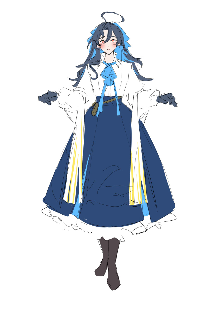 1girl absurdres ahoge arknights ascot avi_(baltika_seven) black_footwear black_gloves black_hair blue_ascot blue_skirt boots frilled_skirt frills genderswap genderswap_(mtf) gloves highres long_hair lumen_(arknights) shirt simple_background sketch skirt solo white_background white_shirt