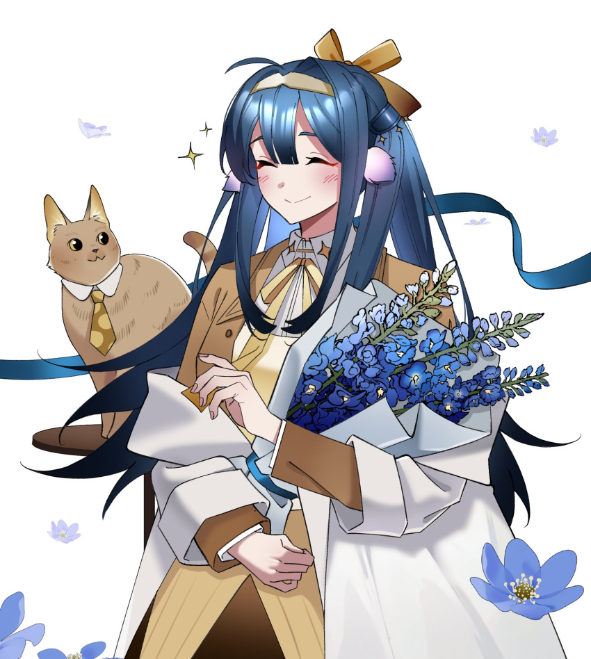 1girl ^_^ arknights astgenne_(arknights) astgenne_(her_aspiration)_(arknights) avi_(baltika_seven) blue_flower blue_hair blush bouquet brown_hairband brown_jacket cat closed_eyes coat flower hair_ribbon hairband highres holding holding_bouquet jacket layered_sleeves long_hair long_sleeves necktie off_shoulder official_alternate_costume open_clothes open_coat ribbon shirt simple_background smile solo upper_body white_background white_coat white_shirt yellow_necktie yellow_ribbon