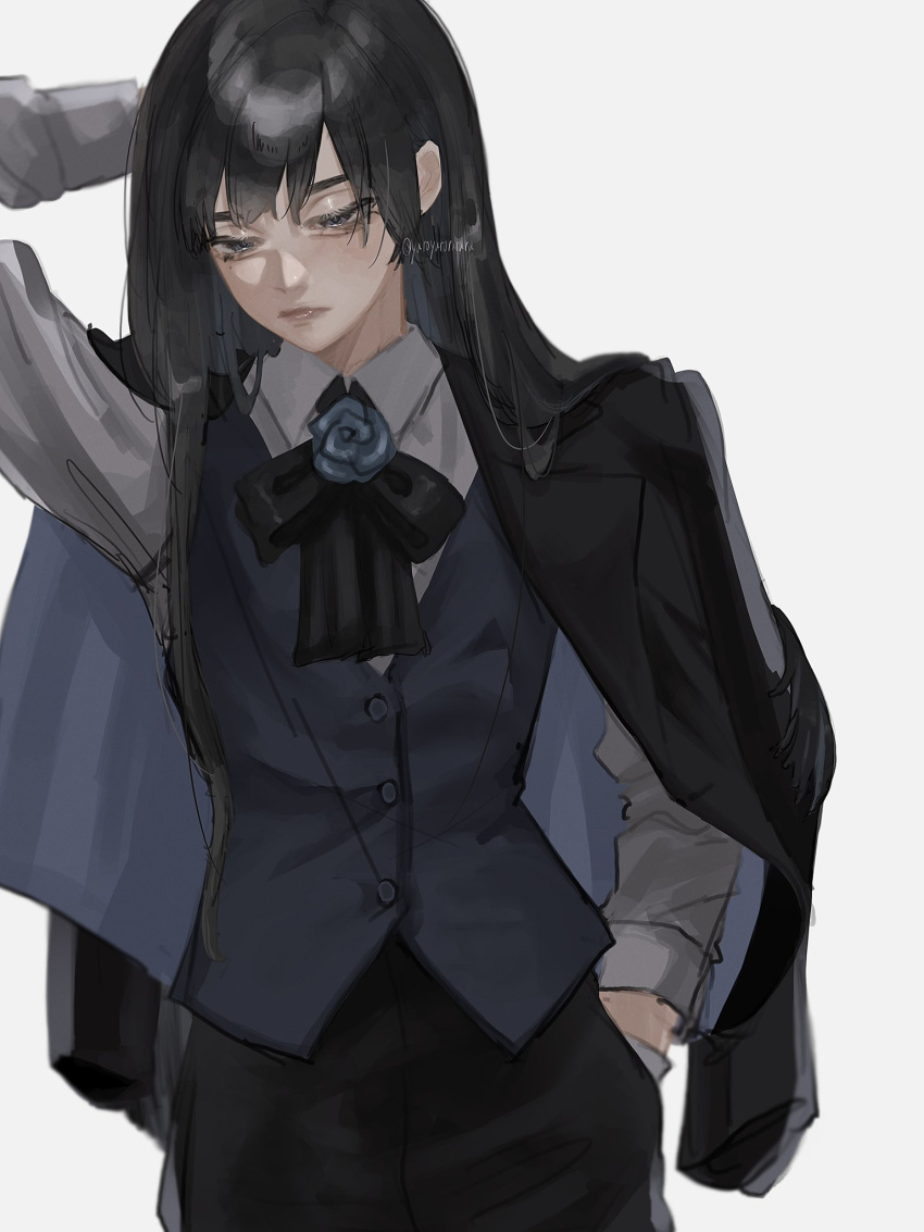 1girl ado_(utaite) aegyo_sal arm_behind_head black_bow black_bowtie black_hair black_jacket blue_eyes blue_flower blue_rose blue_vest bow bowtie chando_(ado) closed_mouth cloud_nine_inc collared_shirt commentary cowboy_shot flower flower_brooch gloves grey_shirt hand_in_pocket highres jacket jacket_on_shoulders long_hair long_sleeves mole mole_under_eye rose shirt simple_background solo twitter_username utaite vest white_background white_gloves yurosuke