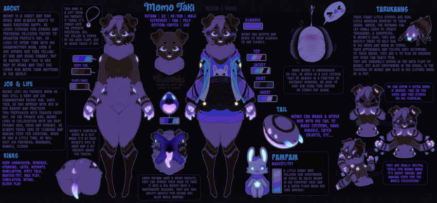 absurd_res anthro arachnid arthropod brown_body brown_fur brown_hair canid canine canis clothed clothed/nude clothing domestic_dog fan_character fur girly hair hi_res mammal model_sheet momo_(sunshiu) nude poodle purple_eyes rutann_species spider spider_web sunshiu