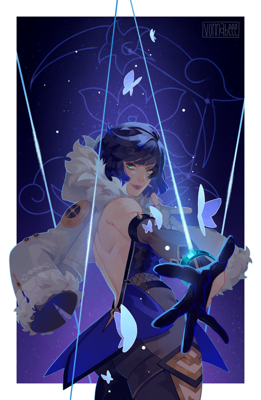 1girl absurdres bare_back bare_shoulders black_hair blue_hair border bug butterfly closed_mouth constellation english_commentary fur-trimmed_jacket fur_trim genshin_impact highres jacket looking_at_viewer medium_hair outstretched_hand signature sky solo star_(sky) starry_sky vonnabeee white_border white_jacket yelan_(genshin_impact)