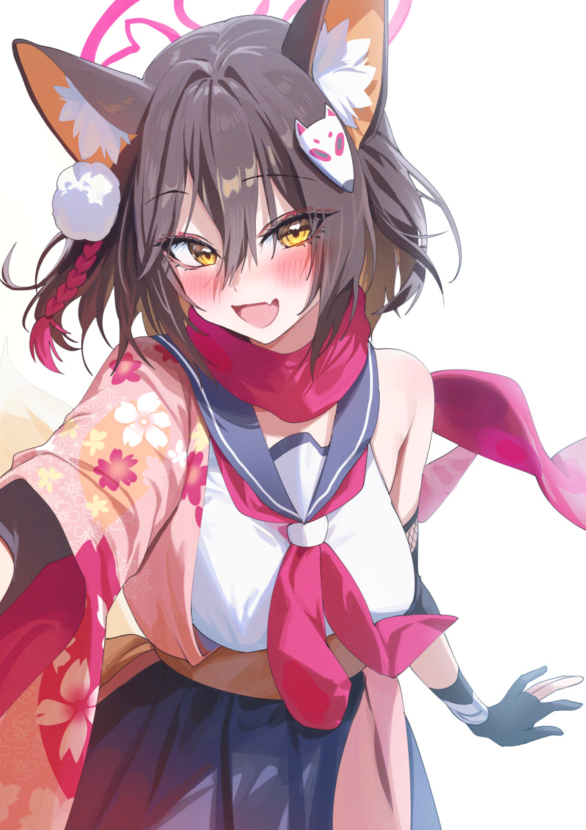 1girl animal_ears black_gloves blue_archive blush brown_hair cropped_shirt fang fox_ears fox_hair_ornament gloves hair_between_eyes halo highres izuna_(blue_archive) looking_at_viewer midriff neckerchief partially_fingerless_gloves red_neckerchief school_uniform serafuku simple_background skin_fang smile solo white_background yampa yellow_eyes