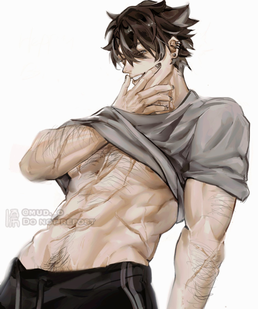 1boy abs aiira_(mud_o) alternate_body_hair arm_hair bara black_hair black_pants chest_hair clothes_lift covering_mouth earrings from_below genshin_impact grey_hair groin guilty_challenge_(meme) hair_between_eyes hairy hand_in_clothes hand_over_own_mouth hand_under_clothes hand_under_shirt highres jewelry large_pectorals leg_hair looking_at_viewer male_focus meme multicolored_hair muscular muscular_male navel navel_hair nipples pants pectorals scar scar_on_arm seductive_smile shirt shirt_lift short_hair simple_background smile solo stomach streaked_hair stud_earrings thick_eyebrows too_many_scars track_pants underpec wriothesley_(genshin_impact)