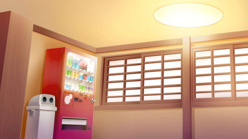 bottle ceiling_light film_grain game_cg indoors izumi_tsubasu no_humans non-web_source official_art re:stage! soda_bottle trash_can vending_machine water_bottle window