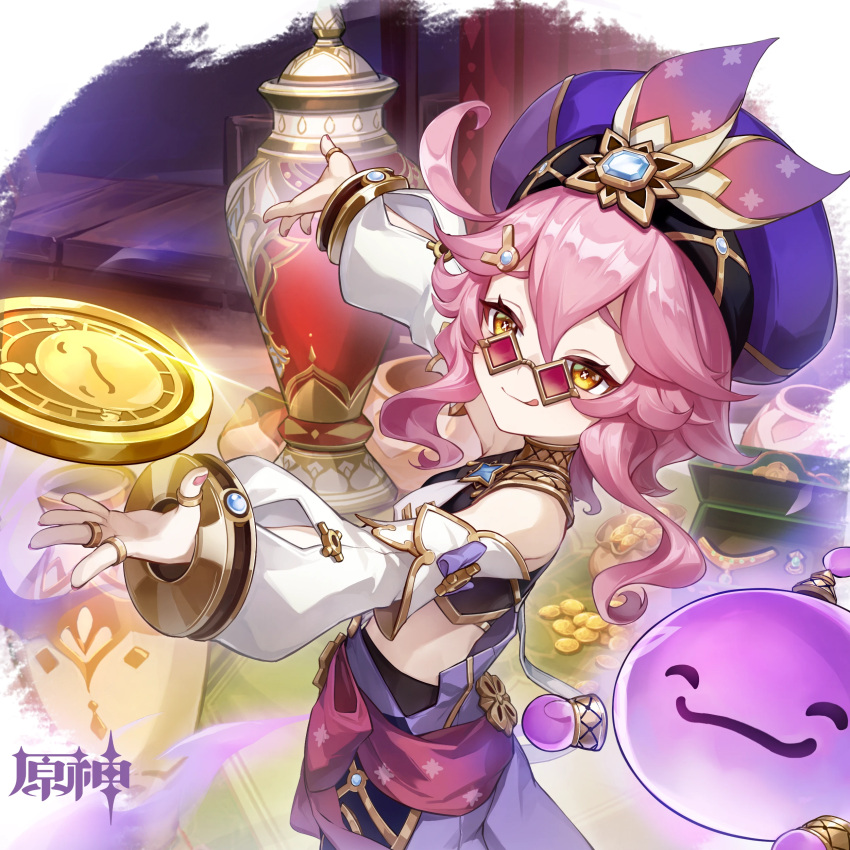 1girl :q absurdres bare_shoulders coin commentary_request cowboy_shot crop_top detached_sleeves dori_(genshin_impact) gem genshin_impact hair_ornament highres jewelry jinni_(genshin_impact) long_hair long_sleeves midriff mora_(genshin_impact) nail_polish official_art pants pink_hair pink_nails purple_headwear purple_pants ring smile solo standing sunglasses tongue tongue_out vase yellow_eyes