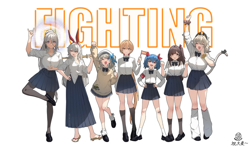 6+girls absurdres animal_ears arm_up armband arms_up bandaid bandaid_on_knee bandaid_on_leg black_bow black_bowtie black_pantyhose black_socks blonde_hair blue_eyes blue_hair blue_skirt bow bowtie braid breasts brown_hair cat_ears cat_tail charolic_(girls'_frontline_2) cleavage clenched_hands closed_eyes colphne_(girls'_frontline_2) english_text flag french_braid full_body girls'_frontline girls'_frontline_2:_exilium grey_hair hair_bow highres holding holding_flag holding_sword holding_weapon kneehighs large_breasts leg_up leg_warmers long_skirt looking_at_viewer mahousho mayling_shen_(girls'_frontline_2) medium_breasts multiple_girls nemesis_(girls'_frontline_2) one_side_up open_mouth orange_eyes ots-14_(girls'_frontline) pantyhose parted_lips peritya_(girls'_frontline_2) pleated_skirt purple_eyes rabbit_ears red_armband red_eyes red_headwear sandals school_uniform shinai shirt shoes side_ponytail skirt small_breasts smile socks straight-on sweater sword tail text_background twintails vepley_(girls'_frontline_2) weapon white_background white_hair white_headwear white_shirt white_socks