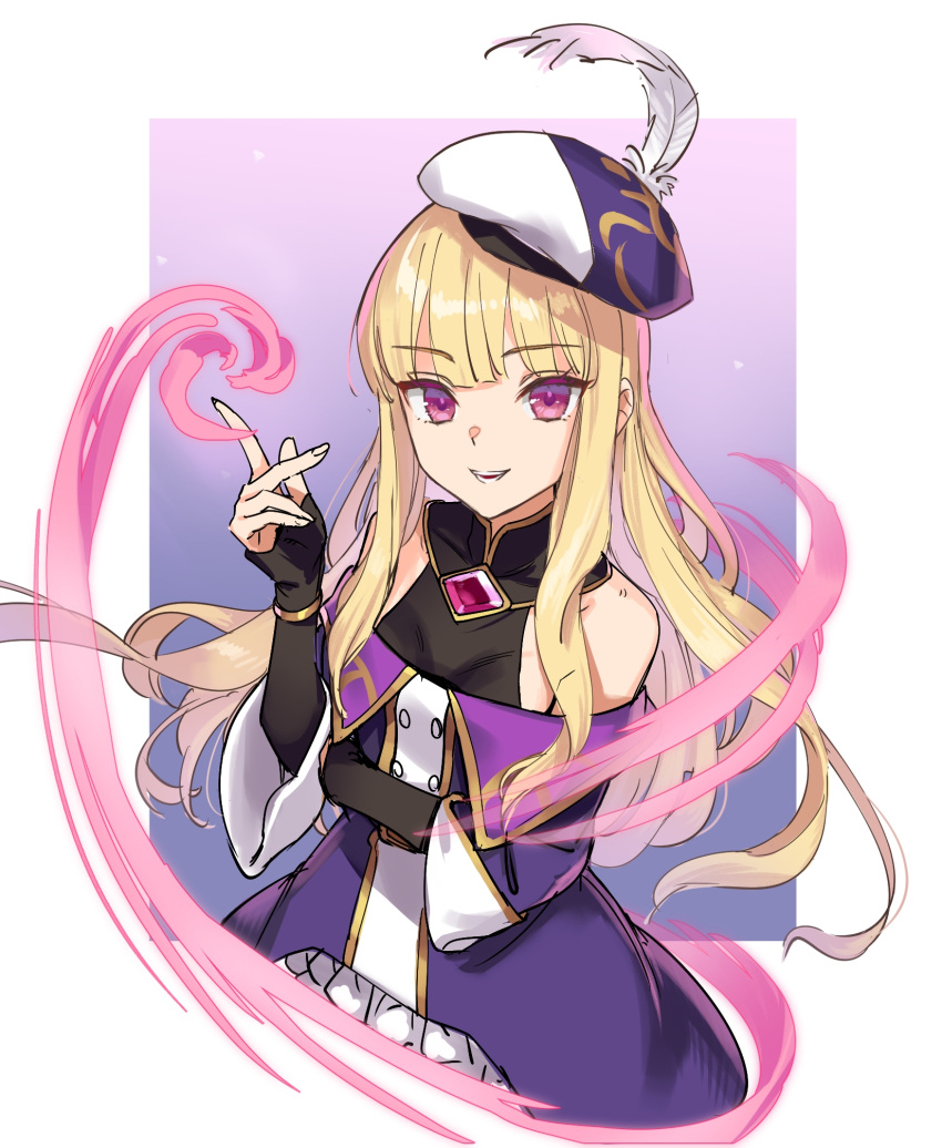 1girl bare_shoulders beret blonde_hair blunt_bangs casting_spell character_request copyright_request dress energy feathers hat highres kawakami_rokkaku long_hair long_sleeves magic pink_eyes purple_dress smile solo wide_sleeves