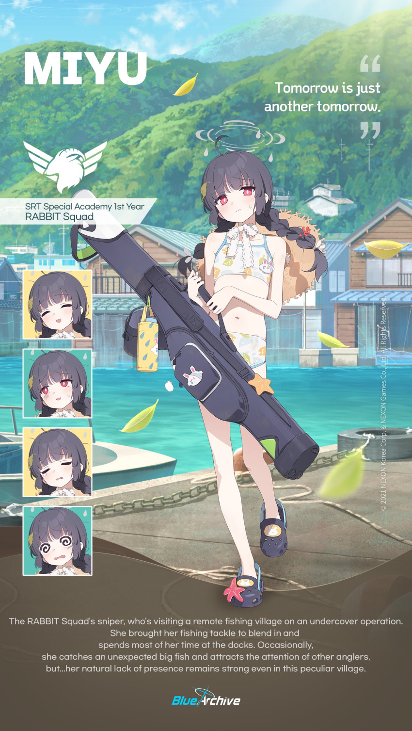 @_@ absurdres black_hair blue_archive english_commentary english_text grey_halo halo hat hat_on_back highres holding holding_weapon leaf leaf_on_head leaf_print miyu_(blue_archive) miyu_(swimsuit)_(blue_archive) official_alternate_costume official_art ribbon starfish straw_hat swimsuit weapon weapon_case white_ribbon