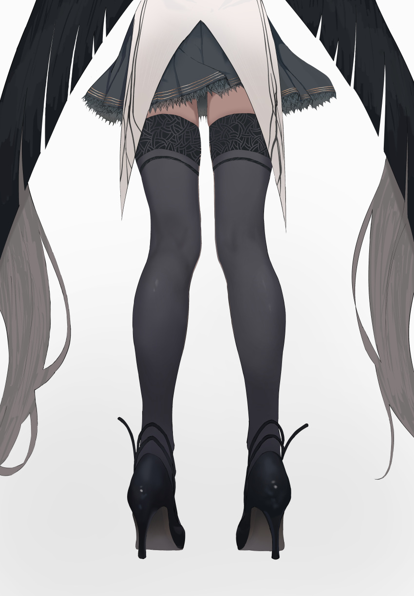 1girl absurdly_long_hair absurdres arknights black_footwear black_hair black_thighhighs blunt_ends coat colored_inner_hair facing_ahead from_behind grey_hair grey_skirt high_heels highres invisible_floor kneepits leg_focus leg_only legs long_hair lower_body made_in_zhejiang miniskirt multicolored_hair pleated_skirt shiny_clothes shiny_footwear shiny_legwear simple_background skindentation skirt solo standing straight_hair strappy_heels tailcoat thighhighs thighs two-tone_hair very_long_hair virtuosa_(arknights) white_background white_coat zettai_ryouiki