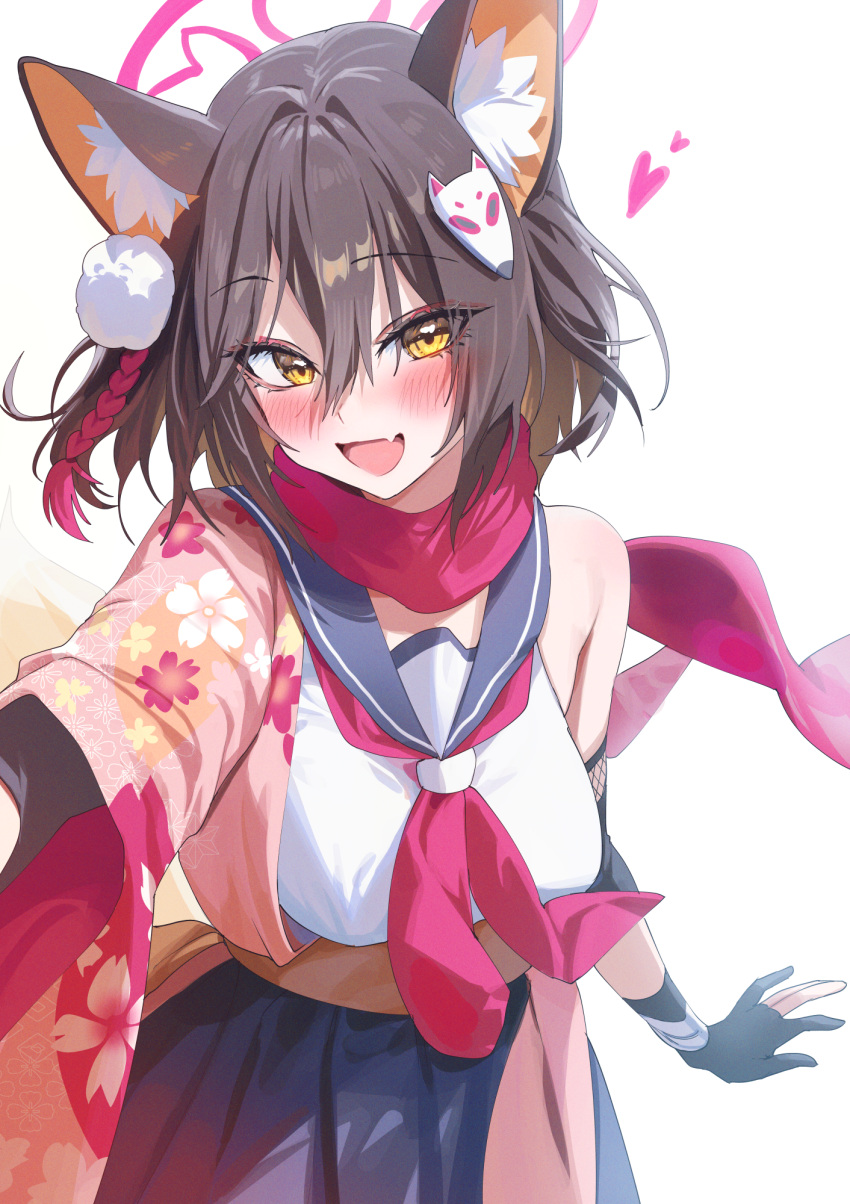1girl animal_ears black_gloves blue_archive blush brown_hair cropped_shirt fang fox_ears fox_hair_ornament gloves hair_between_eyes halo highres izuna_(blue_archive) looking_at_viewer midriff neckerchief partially_fingerless_gloves red_neckerchief revision school_uniform serafuku simple_background skin_fang smile solo white_background yampa yellow_eyes