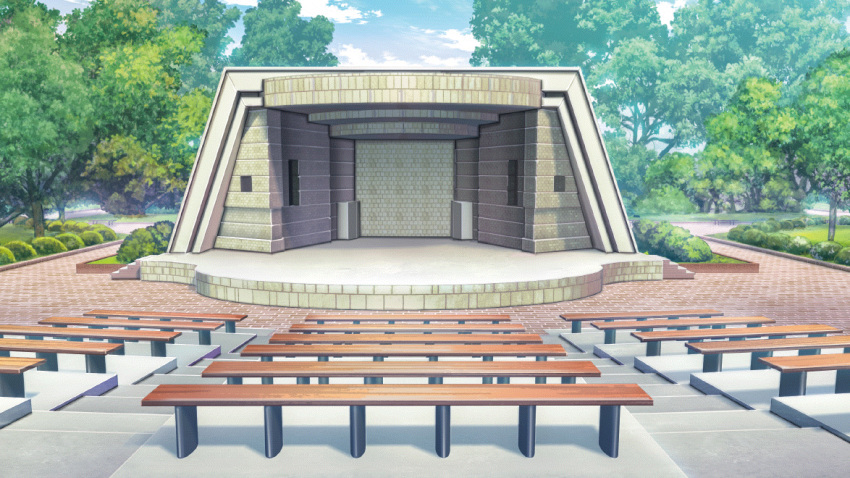 bench blue_sky brick_road bush cloud day film_grain game_cg izumi_tsubasu no_humans non-web_source official_art outdoors re:stage! sky stage stairs theater theater_seating tree