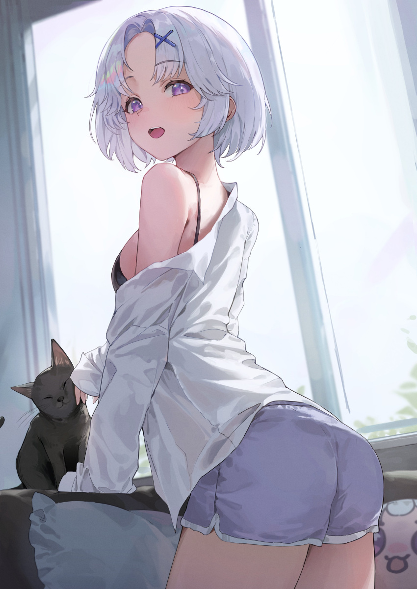 2gong_(9ujin_) absurdres ass ayatsuno_yuni black_camisole blue_shorts breasts camisole cat commentary cowboy_shot dolphin_shorts from_behind grey_cat hair_ornament highres indoors looking_at_viewer looking_back medium_breasts open_mouth parted_bangs petting pillow purple_eyes shirt short_hair short_shorts shorts single_bare_shoulder single_off_shoulder smile stellive symbol-only_commentary teeth thighs upper_teeth_only virtual_youtuber white_hair white_shirt x_hair_ornament