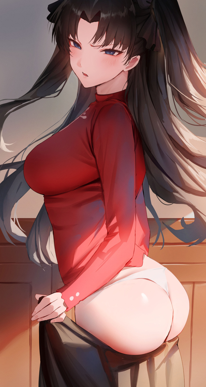 1girl absurdres ass blue_eyes blush breasts brown_hair clothes_pull commentary fate/stay_night fate_(series) hair_ribbon highres large_breasts long_hair long_sleeves looking_at_viewer open_mouth panties parted_bangs red_sweater ribbon rororo skirt skirt_pull solo sweater tohsaka_rin two_side_up underwear white_panties