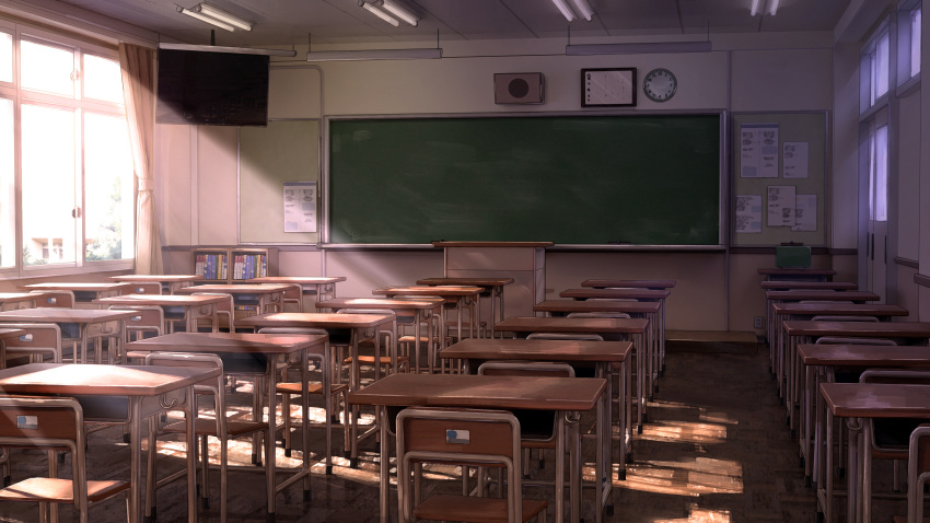 absurdres chair chalkboard classroom clock commentary_request day desk highres indoors light_rays marutenmaruten no_humans original perspective scenery school school_chair school_desk speaker sunbeam sunlight television wall_clock window window_shade