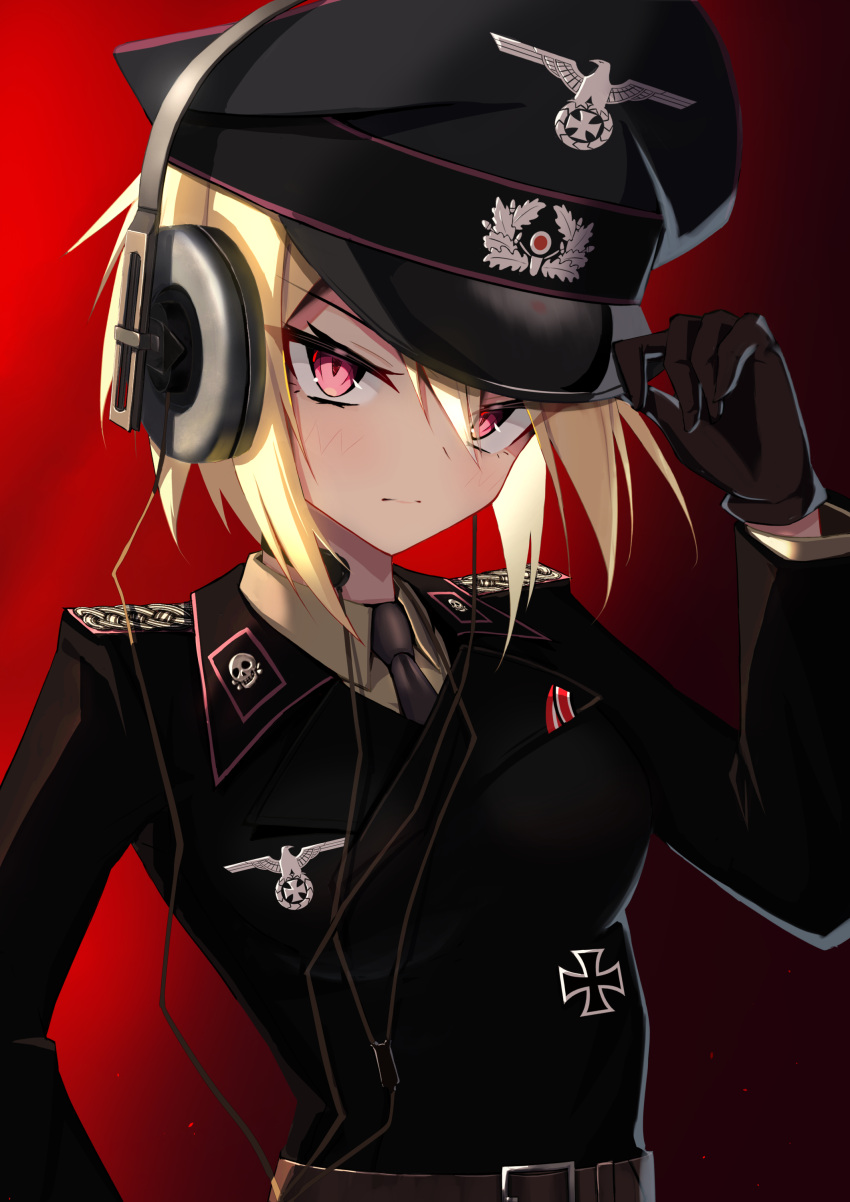 1girl absurdres adjusting_clothes adjusting_headwear belt blonde_hair brown_gloves cross epaulettes gloves hat headphones highres iron_cross jiseki_rena looking_at_viewer military_uniform nazi necktie original peaked_cap red_eyes reichsadler rena_(jiseki_rena) short_hair solo throat_microphone totenkopf tsurime uniform white_background