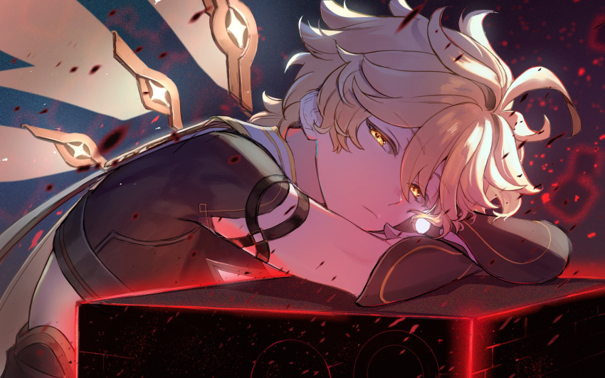 1boy aether_(genshin_impact) ahoge arm_armor arm_guards black_gloves black_shirt blonde_hair crop_top dark_persona genshin_impact gloves glowing glowing_eyes hair_between_eyes head_rest highres looking_at_viewer male_focus shirt solo upper_body wings yellow_eyes yonaga_tsuki25