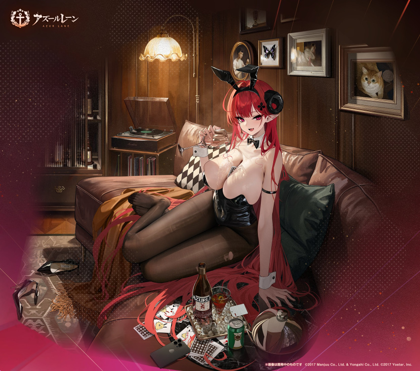 1girl animal_ears arm_support azur_lane bare_shoulders between_breasts black_leotard breasts card commentary_request company_connection company_name copyright_name couch curled_horns fake_animal_ears hair_ornament highres hindenburg_(azur_lane) holding horns indoors large_breasts leotard logo long_hair looking_at_viewer official_art pantyhose pointy_ears rabbit_ears red_eyes red_hair simple_background sitting smile solo strapless strapless_leotard wrist_cuffs yunsang