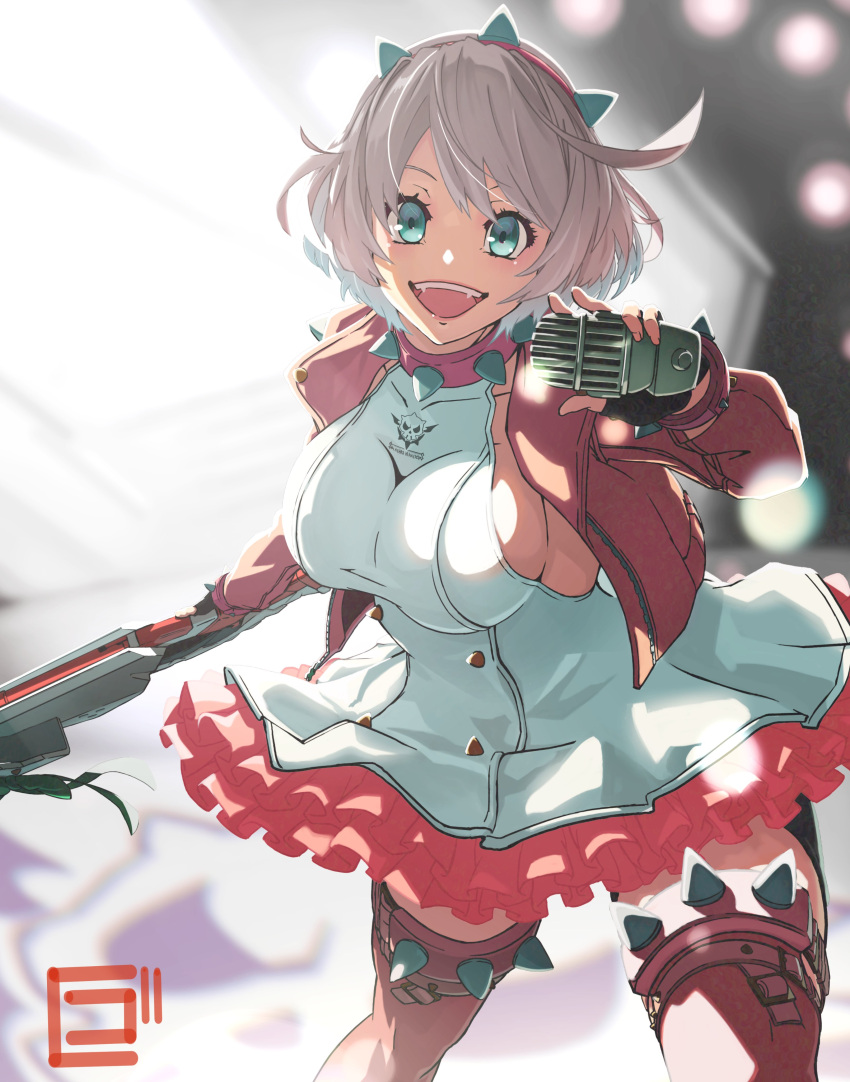 1girl absurdres ahoge blue_eyes boots bracelet breasts clover collar dress elphelt_valentine four-leaf_clover frilled_dress frills goh_penguins guilty_gear guilty_gear_strive gun hairband highres holding holding_gun holding_microphone holding_weapon huge_ahoge jacket jewelry large_breasts long_sleeves looking_at_viewer medium_hair microphone open_mouth pink_dress pink_footwear pink_hairband pink_jacket short_hair sideboob skull_print smile spiked_bracelet spiked_collar spiked_hairband spikes thigh_boots two-tone_dress weapon white_dress white_hair