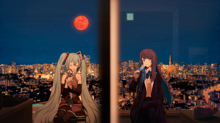 2girls absurdres ado_(utaite) aqua_eyes aqua_hair aqua_necktie bare_shoulders black_bow black_bowtie black_coat black_hair black_thighhighs blue_eyes blue_flower blue_hair blue_rose bow bowtie champagne_flute chando_(ado) city_lights closed_eyes closed_mouth cloud_nine_inc coat colored_inner_hair commentary_request crossed_legs cup detached_sleeves dress_shirt drinking_glass earpiece exit_sign flower flower_brooch fox_mask gloves grey_shirt hair_between_eyes hatsune_miku highres holding holding_cup long_hair long_sleeves mask moon multicolored_hair multiple_girls necktie night open_clothes open_coat reflection rose shirt sitting sky sleeveless sleeveless_shirt star_(sky) starry_sky thighhighs tokyo_(city) tokyo_tower tokyo_wa_yoru_(vocaloid) turu twintails two-tone_hair utaite vocaloid white_gloves white_shirt