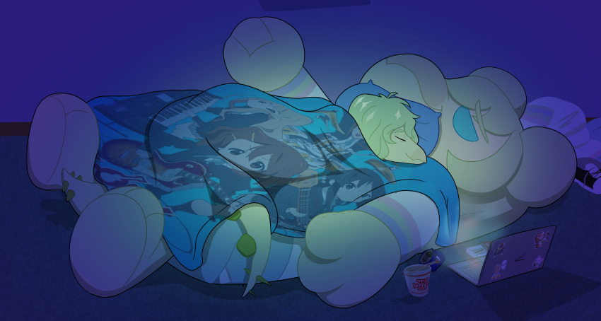 absurd_res anthro bed clothing colored computer cup_noodles detailed_background dinosaur electronics eyes_closed female food footwear furniture goodbye_volcano_high green_body green_hair green_scales hair hi_res laptop long_tail lying on_front ornithischian pocky reptile ryanon_ryker scales scalie shirt shoes sleeping smile snoot_game snout solo spiked_tail spikes spikes_(anatomy) stegosaurian stegosaurus stella_(snoot_game) tail tail_plates thyreophoran topwear under_covers