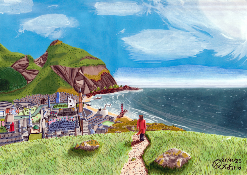 2023 absurd_res adrien_warmher anthro beach black_clothing brown_hair building canid canine canis city clothed clothing cloud dated day detailed_background forest fox french_artist fur grass hair hi_res hybrid landscape landscape_background lighthouse littoral_(land) male mammal mountain orange_body orange_fur outside plant port red_clothing river rock sea seaside sky skyscraper solo standing traditional_media_(artwork) tree water wave wolf xefino