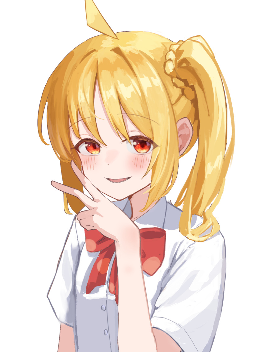 1girl ahoge blonde_hair blush bocchi_the_rock! commentary_request hand_up highres ijichi_nijika long_hair looking_at_viewer neck_ribbon open_mouth red_eyes red_ribbon ribbon school_uniform shirt short_sleeves side_ponytail simple_background smile solo spell_phd upper_body v white_background white_shirt