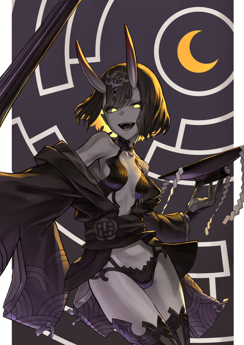 1girl bob_cut breasts crescent_moon cup dragon_nts fangs fate/grand_order fate_(series) highres horns japanese_clothes kimono moon oni_horns open_clothes open_kimono sakazuki shuten_douji_(fate) small_breasts sword thighhighs weapon
