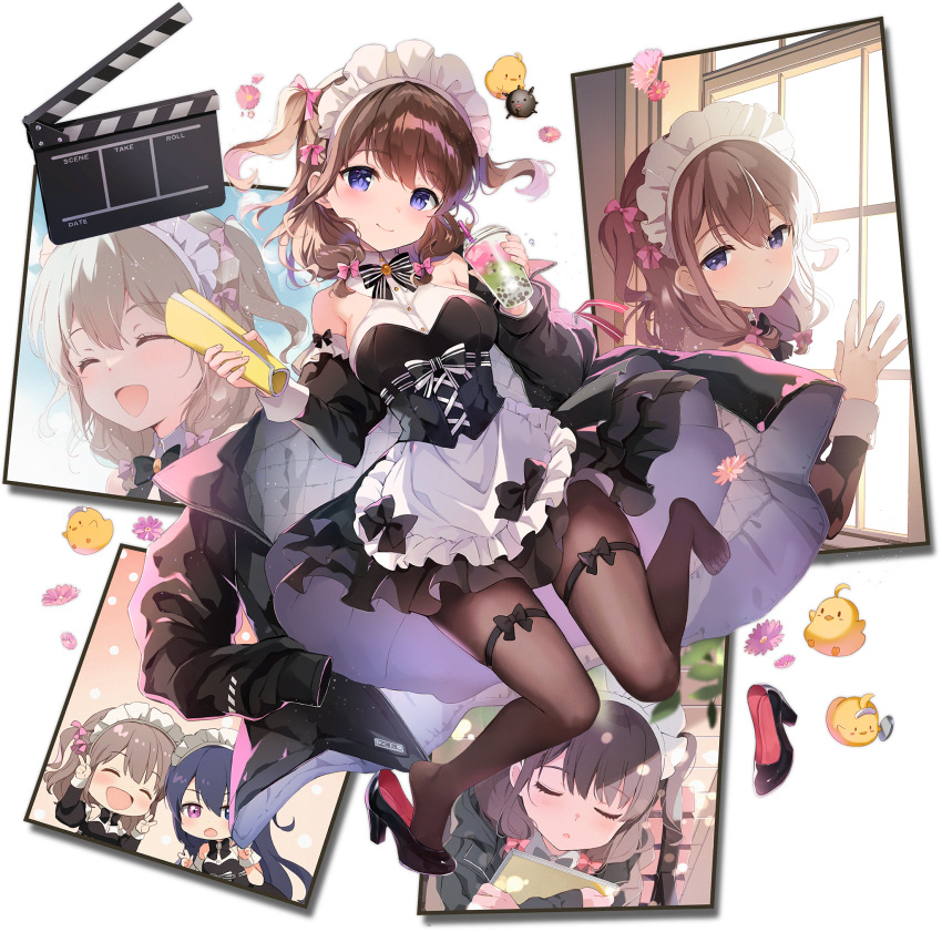 2girls apron azur_lane black_bow black_bowtie black_corset black_footwear black_jacket blue_eyes bow bowtie breasts brown_hair clapperboard closed_eyes closed_mouth corset cup detached_sleeves dress frilled_apron frilled_dress frills hair_bow highres holding holding_cup jacket large_breasts long_hair long_sleeves looking_at_viewer maid maid_apron maid_headdress manjuu_(azur_lane) multiple_girls multiple_views non-web_source official_alternate_costume official_art pantyhose pink_bow sakura_koharu shoe_dangle shoes single_shoe smile thigh_strap two_side_up unworn_jacket z35_(azur_lane) z35_(liebender_engel)_(azur_lane) z36_(azur_lane)