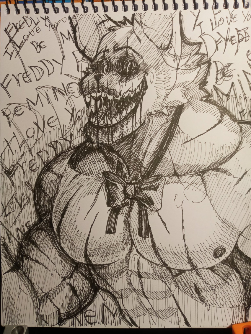 abs alternate_species anthro barazoku blood bodily_fluids bow_accessory bow_ribbon clothed clothing fangs five_nights_at_freddy's five_nights_at_freddy's_4 furrification hatching_(art) hi_res insane lagomorph leporid love male male/male mammal muscular muscular_anthro muscular_male nightmare_bonnie_(fnaf) nipples pinumontbalou rabbit scar scottgames shaded sharp_teeth smile solo teeth text yandere