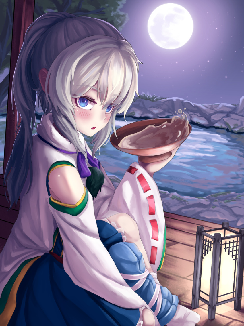 blue_eyes blue_skirt blush commentary cup full_moon grey_hair highres holding holding_cup key lamp long_hair mononobe_no_futo moon open_mouth pom_pom_(clothes) ponytail pygrenix ribbon-trimmed_sleeves ribbon_trim sakazuki skirt touhou wide_sleeves
