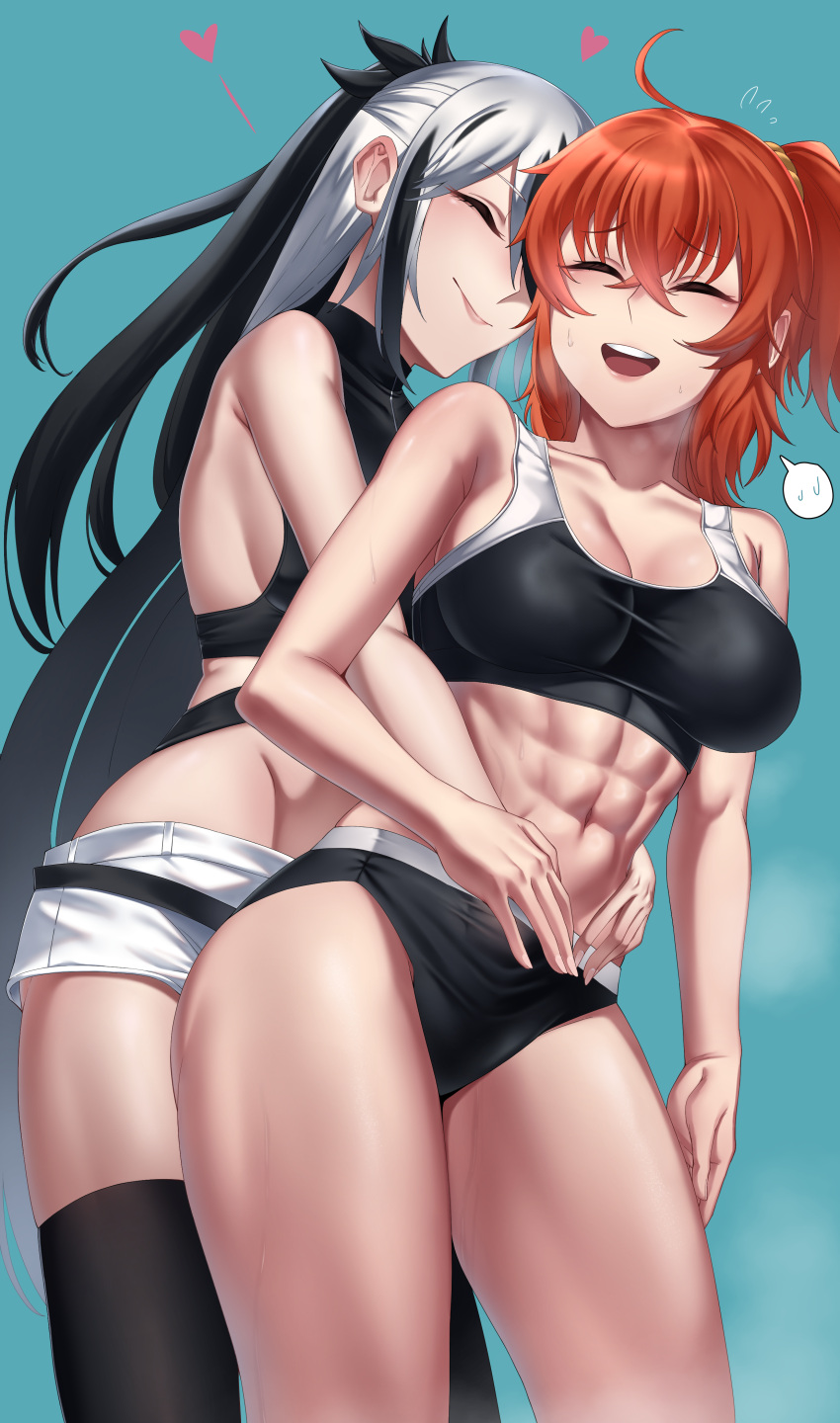 1girl 2girls abs absurdres ahoge bare_shoulders black_buruma black_hair black_sports_bra black_thighhighs breasts buruma cleavage closed_eyes cojohn collarbone fate/grand_order fate_(series) fujimaru_ritsuka_(female) hair_between_eyes highres hug long_hair multicolored_hair multiple_girls nagao_kagetora_(fate) navel one_side_up open_mouth orange_hair short_hair shorts sidelocks smile sports_bra thighhighs thighs toned two-tone_hair uesugi_kenshin_(fate) white_hair white_shorts