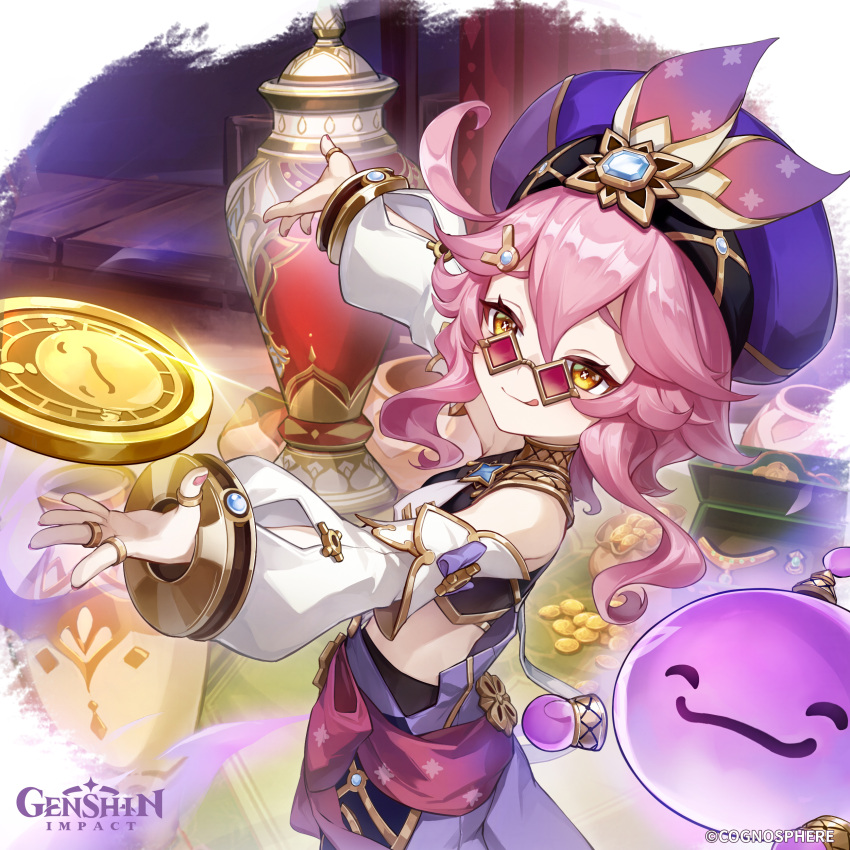 1girl :q absurdres bare_shoulders coin cowboy_shot crop_top detached_sleeves dori_(genshin_impact) english_commentary gem genshin_impact hair_ornament highres jewelry jinni_(genshin_impact) long_hair long_sleeves midriff mora_(genshin_impact) nail_polish official_art pants pink_hair pink_nails purple_headwear purple_pants ring smile solo standing sunglasses tongue tongue_out vase yellow_eyes