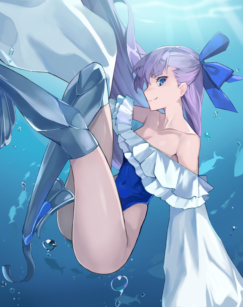 1girl bare_shoulders blue_eyes blue_ribbon blush breasts collarbone fate/grand_order fate_(series) frills genshu_doki hair_ribbon highleg highleg_swimsuit highres long_hair long_sleeves looking_at_viewer meltryllis_(fate) meltryllis_(swimsuit_lancer)_(fate) meltryllis_(swimsuit_lancer)_(second_ascension)_(fate) off-shoulder_one-piece_swimsuit off_shoulder one-piece_swimsuit prosthesis prosthetic_leg puffy_sleeves purple_hair ribbon sleeves_past_fingers sleeves_past_wrists small_breasts smile solo swimsuit underwater very_long_hair