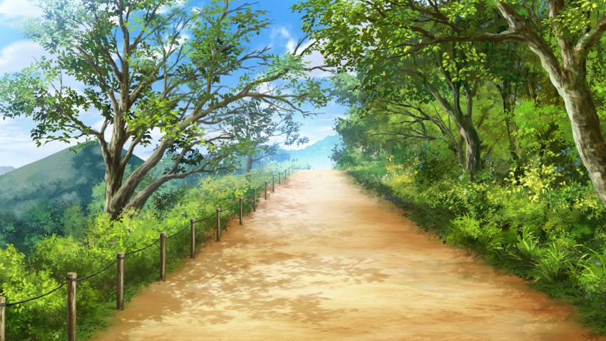 blue_sky cloud day fence film_grain game_cg grass izumi_tsubasu no_humans non-web_source official_art outdoors re:stage! scenery sky trail tree