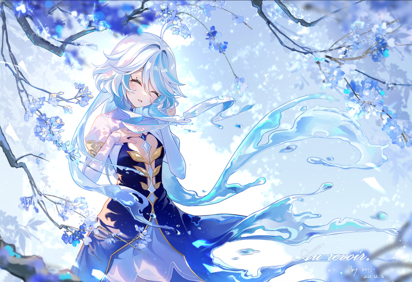 1girl ahoge blue_eyes blue_hair branch closed_eyes commentary_request crying dress focalors_(genshin_impact) genshin_impact hair_between_eyes highres juliet_sleeves light_blue_hair long_hair long_sleeves miaogujun multicolored_hair puffy_sleeves sidelocks smile solo tears water white_dress white_hair