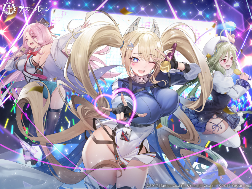 3girls absurdres armpits azur_lane beret breasts buttons character_request comet_(azur_lane) commentary_request company_connection company_name copyright_name detached_sleeves fingerless_gloves frills garter_straps gloves grey_hair guam_(azur_lane) hair_ornament hat heart heart_tattoo highres holding jacket large_breasts leg_up lexington_(azur_lane) logo long_hair long_sleeves looking_at_viewer microphone multiple_girls nail_polish official_art one_eye_closed open_clothes open_jacket open_mouth pelvic_curtain pink_hair pleated_skirt puffy_sleeves purple_eyes red_eyes ribbon simple_background skirt smile stage stage_lights star-shaped_pupils star_(symbol) symbol-shaped_pupils tattoo teddy_(khanshin) thighhighs thighs twintails x_hair_ornament